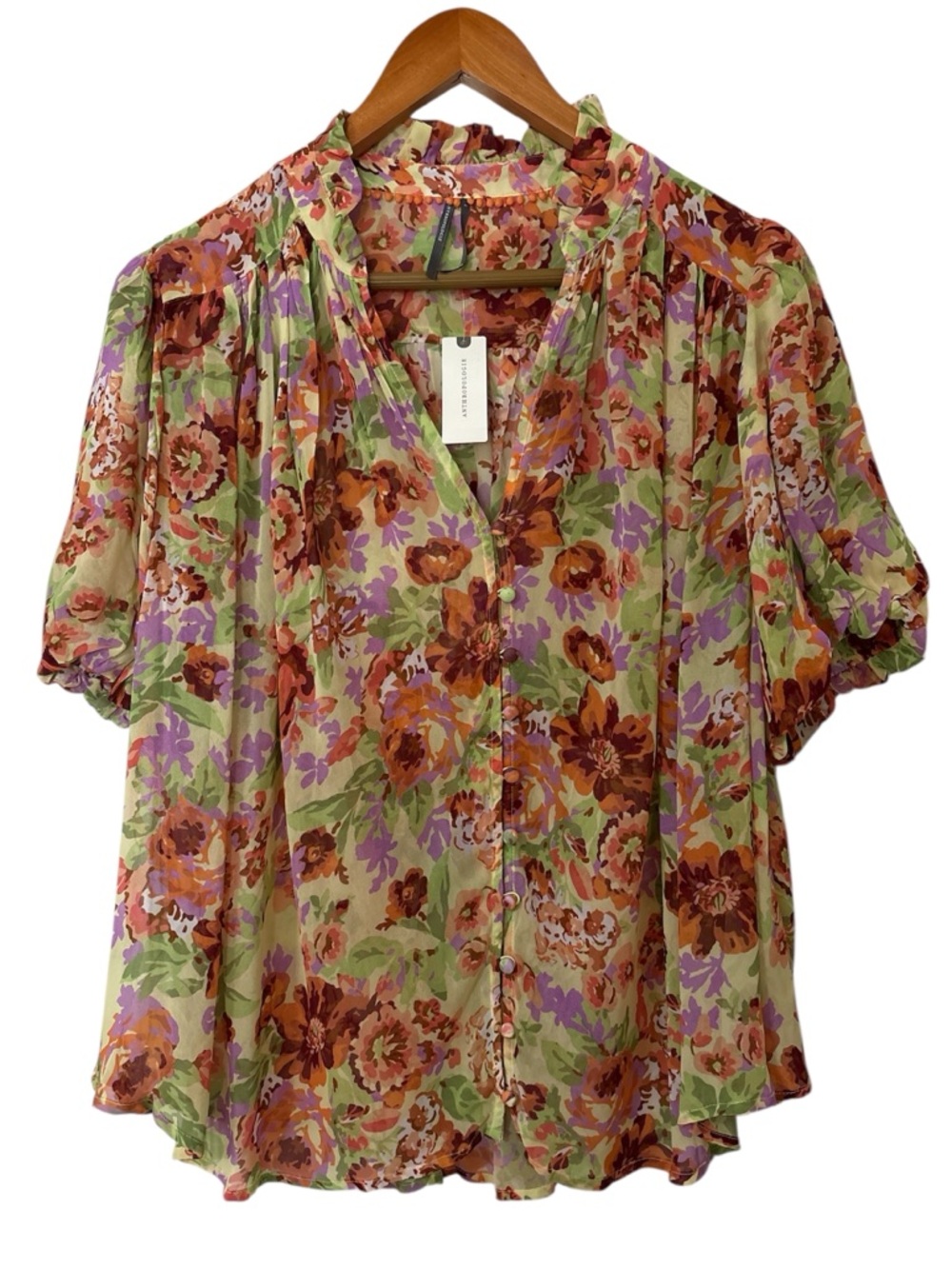 Anthropologie The Estela Short-Sleeve Viscose Sheer Floral Blouse Sz Large - Picture 5 of 9